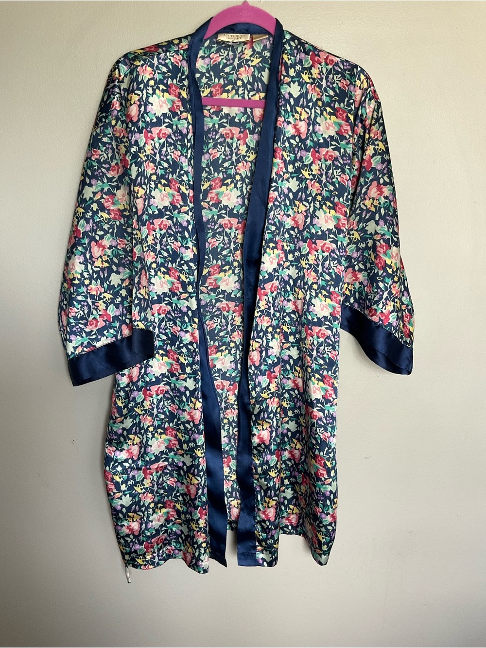 Vintage Victoria's Secret Navy Floral Satin Kimono - Pink & Green Accents